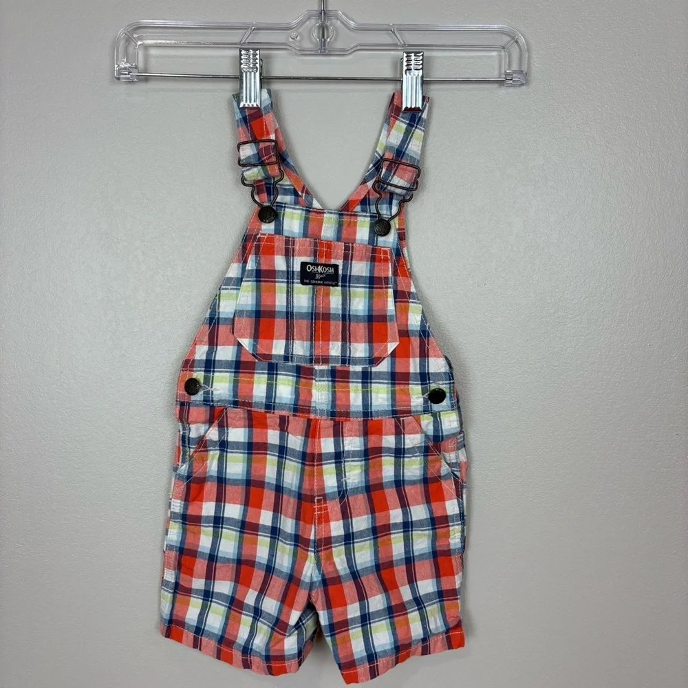 OshKosh B'Gosh Bundle Size 18M Orange Plaid Vestbak Shortalls Blue Polo Bodysuit